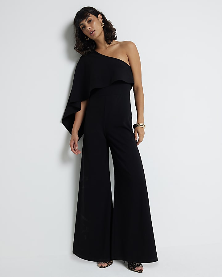 Black Asymmetric Cape Jumpsuit