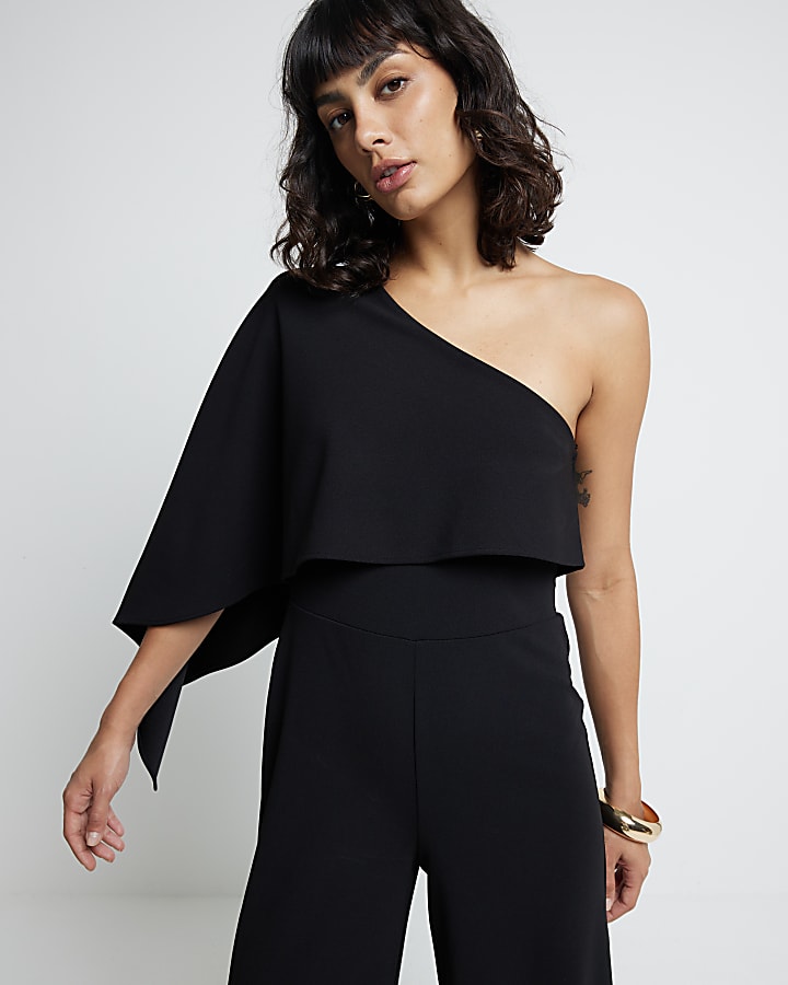 Black Asymmetric Cape Jumpsuit