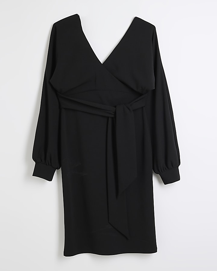 Black Wrap Belted Midi Dress