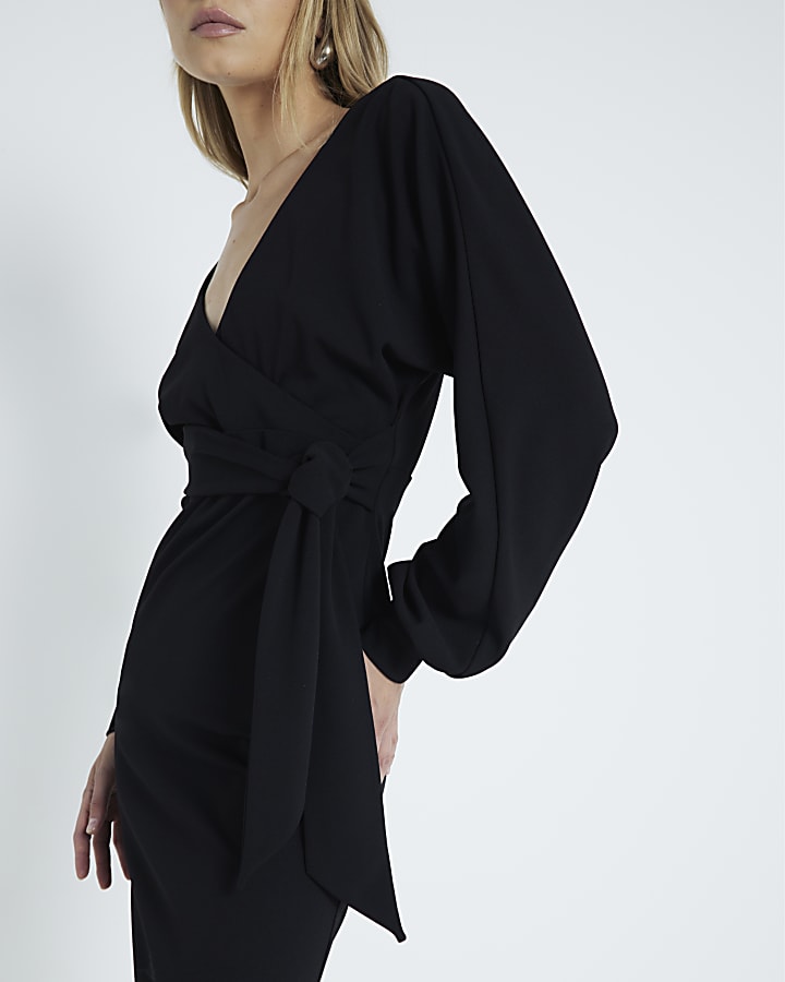 Black Wrap Belted Midi Dress