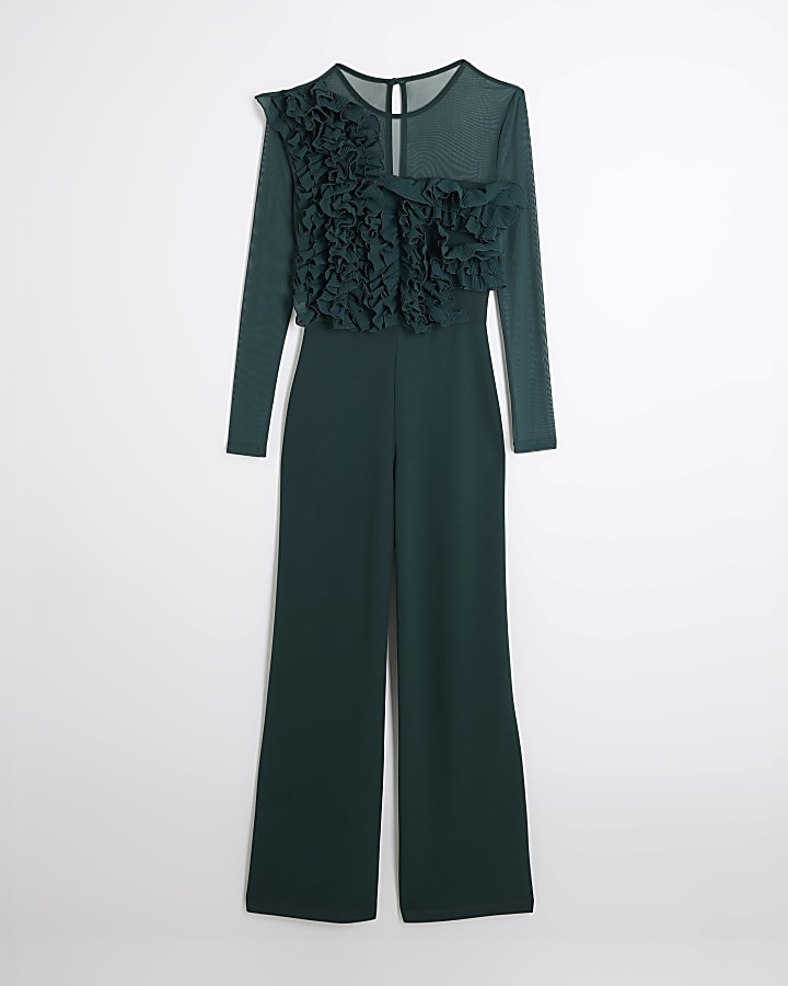 Green Mesh Frill Front Jumpsuit