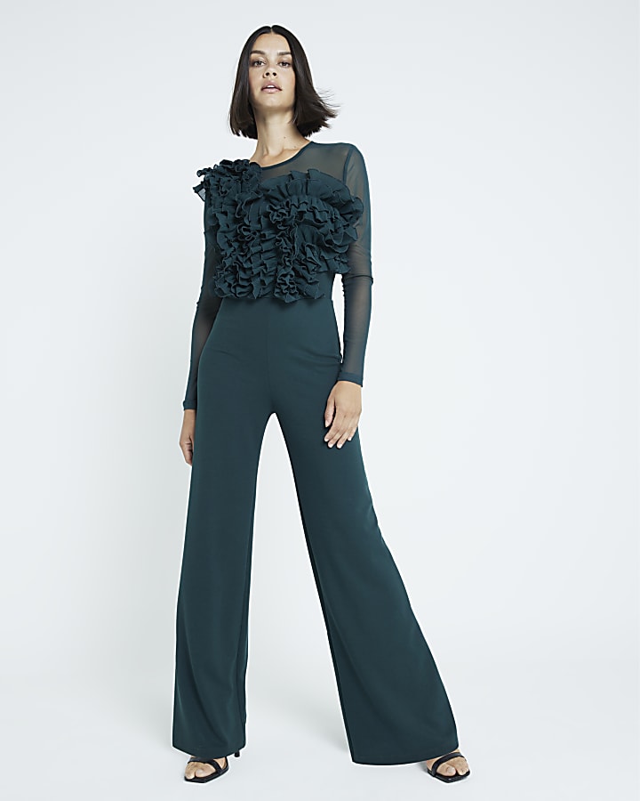 Green Mesh Frill Front Jumpsuit