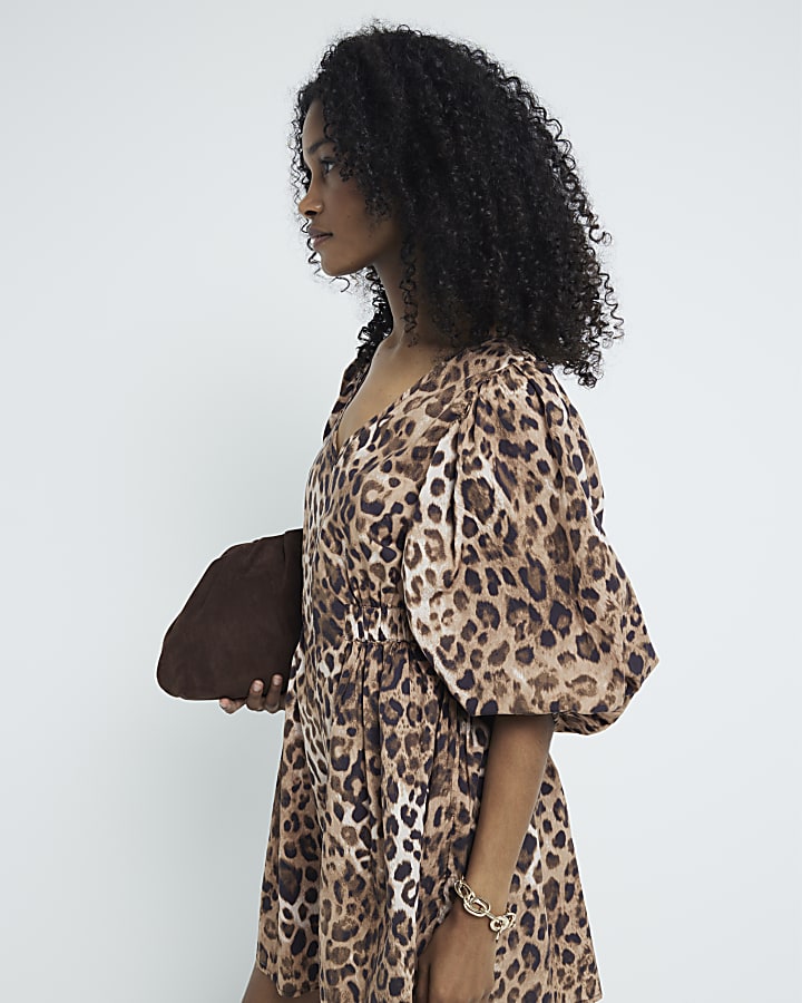 Brown leopard puff sleeve Mini Dress