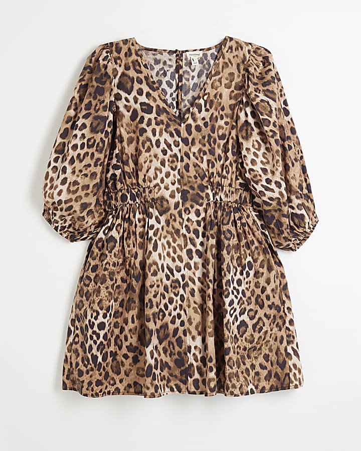 Brown leopard puff sleeve Mini Dress