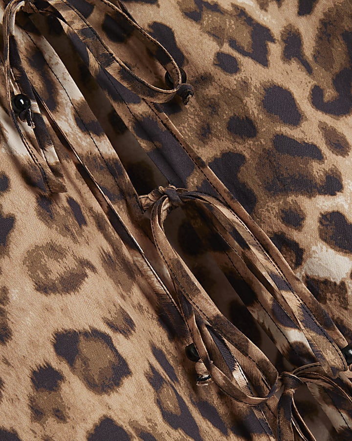 Brown Poplin Leopard Print Tie Front Top