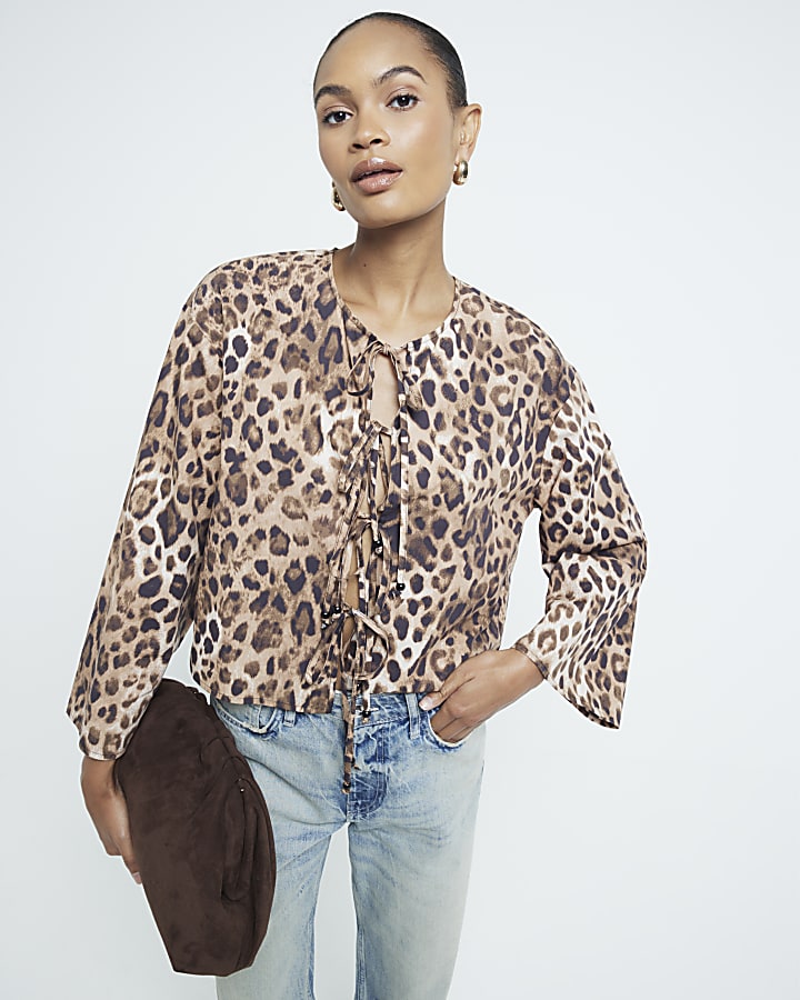 Brown Poplin Leopard Print Tie Front Top