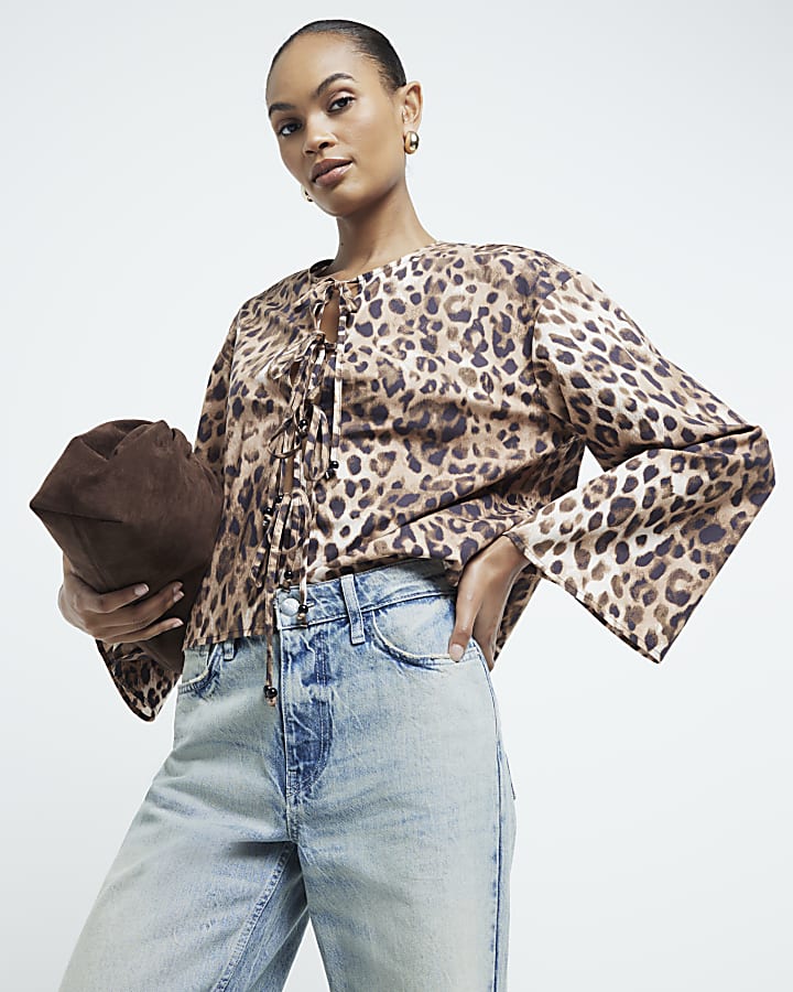 Brown Poplin Leopard Print Tie Front Top