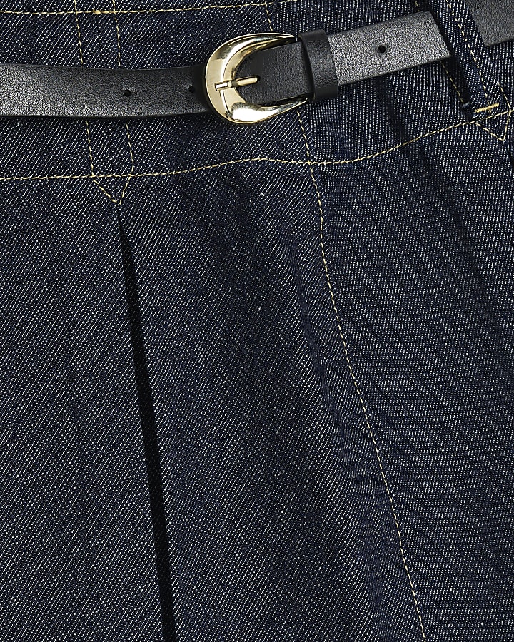 Dark Blue Denim Belted Pleated Mini Skirt