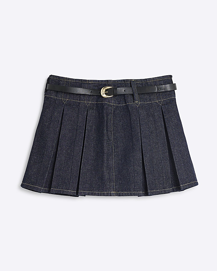 Dark Blue Denim Belted Pleated Mini Skirt