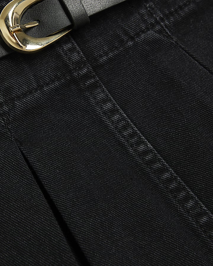 Black Denim Belted Pleated Mini Skirt