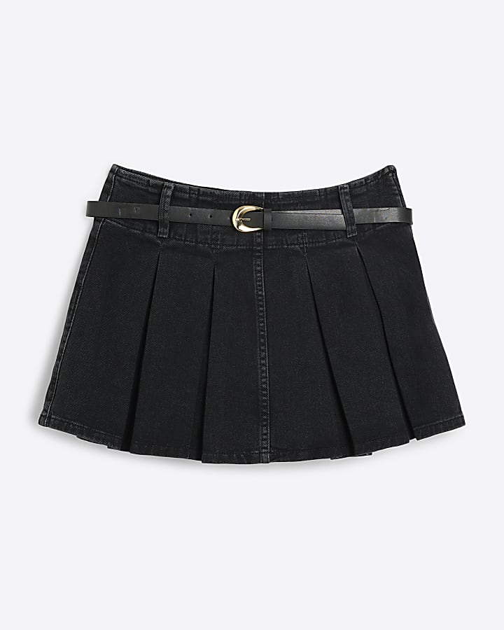 Black Denim Belted Pleated Mini Skirt