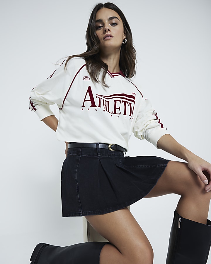 Black Denim Belted Pleated Mini Skirt