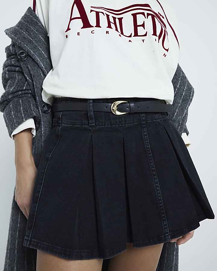 Black Denim Belted Pleated Mini Skirt