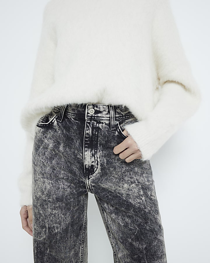 Black Acid Wash Denim Wide Leg Jeans