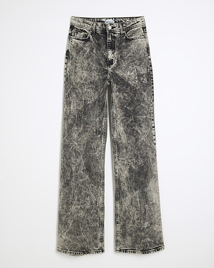 Black Acid Wash Denim Wide Leg Jeans