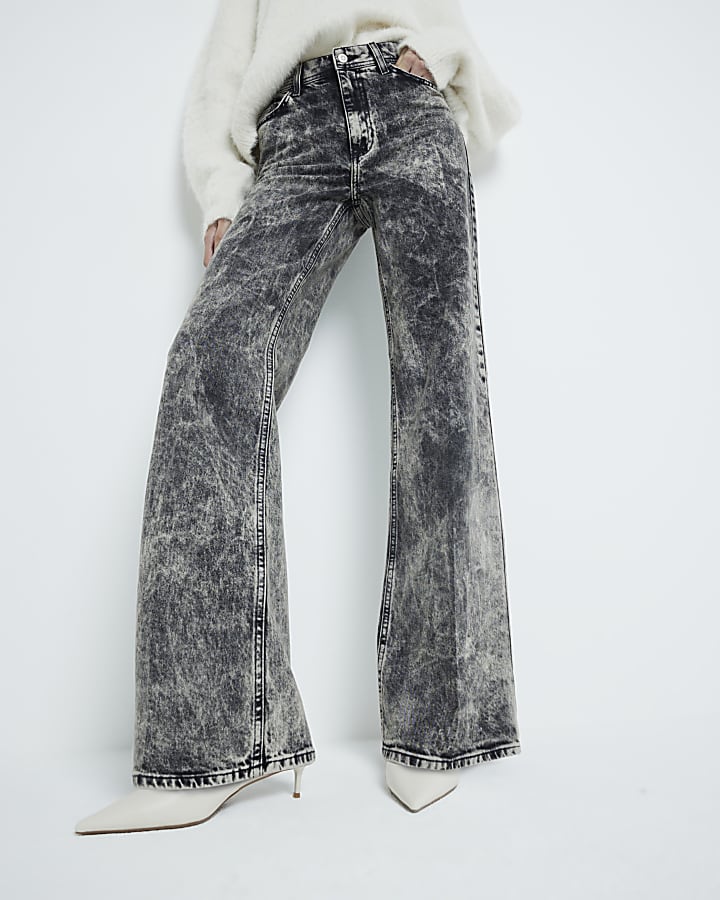 Black Acid Wash Denim Wide Leg Jeans