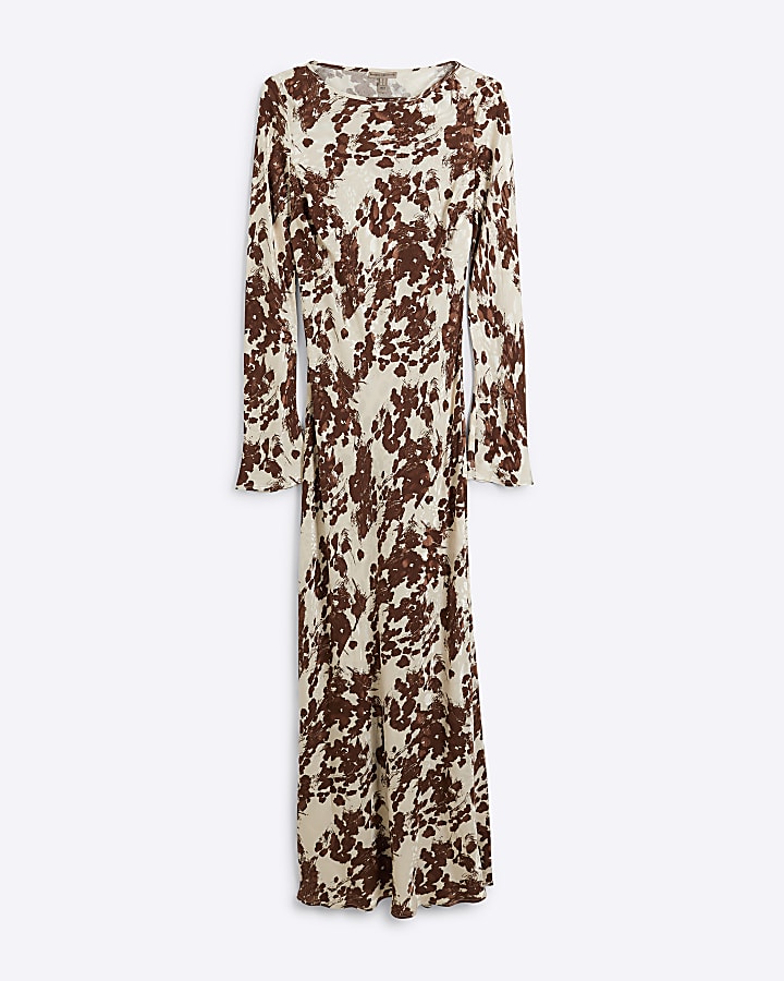 Brown abstract print maxi dress