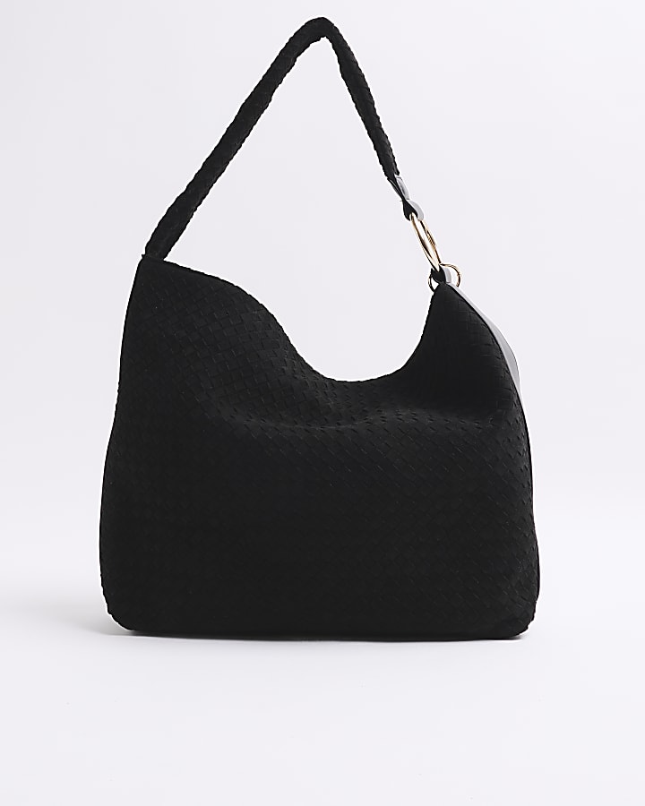 Black Faux Suede Woven Shoulder Bag
