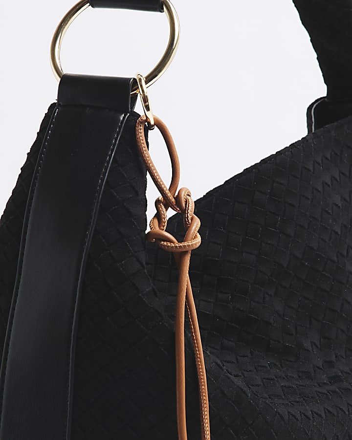 Black Faux Suede Woven Shoulder Bag