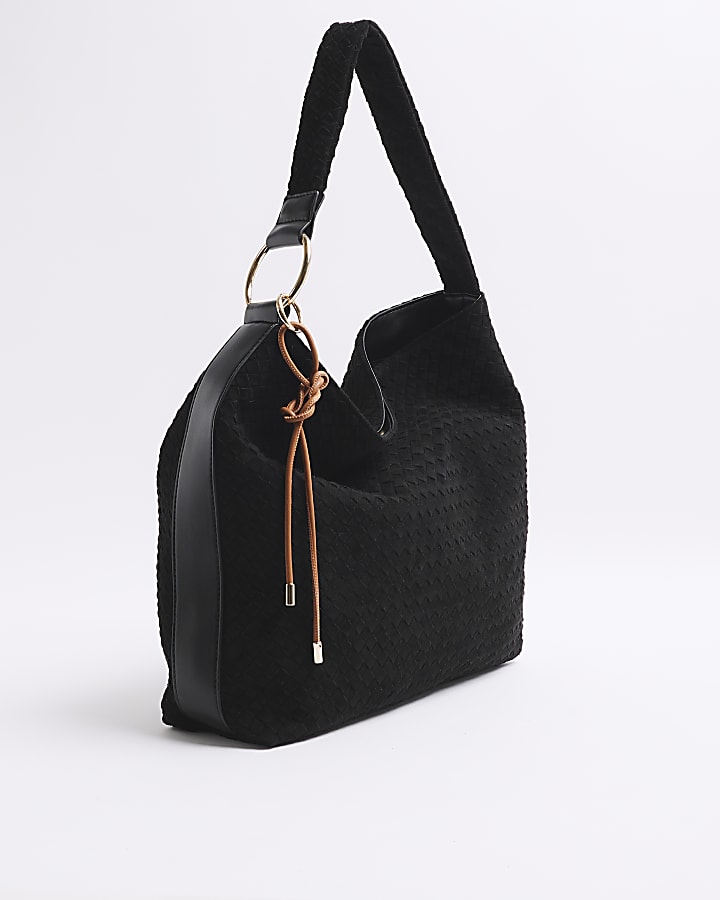 Black Faux Suede Woven Shoulder Bag