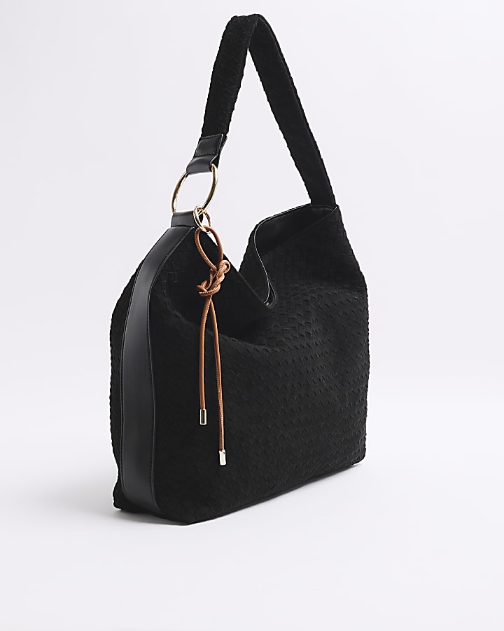 Black Suedette Woven Shoulder Bag