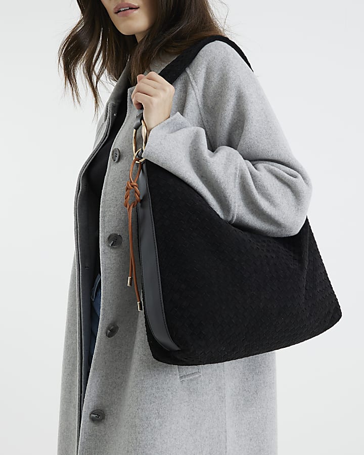 Black Suedette Woven Shoulder Bag