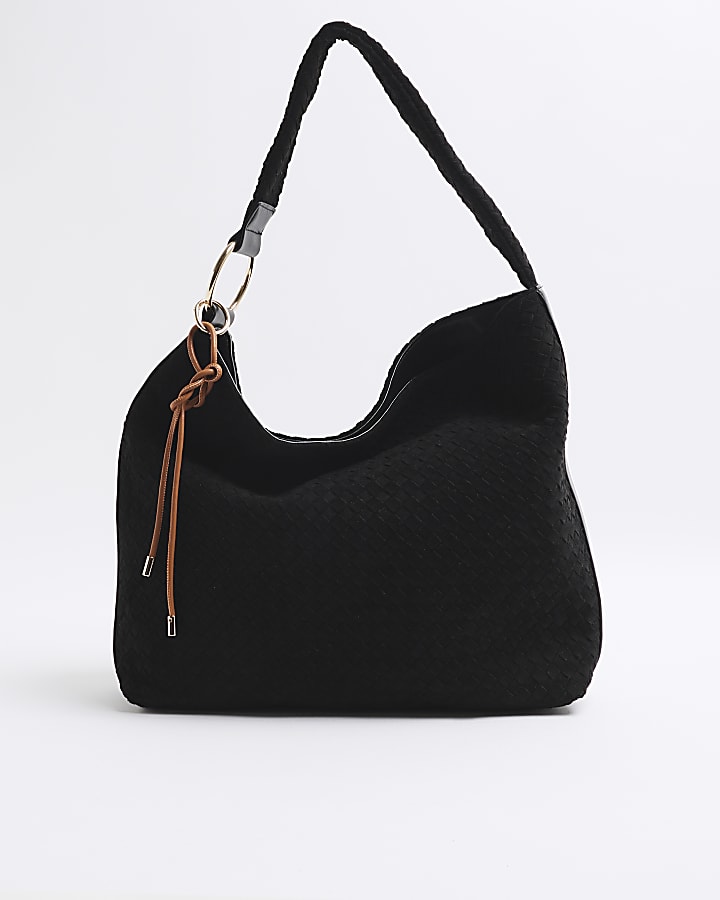 Black Suedette Woven Shoulder Bag