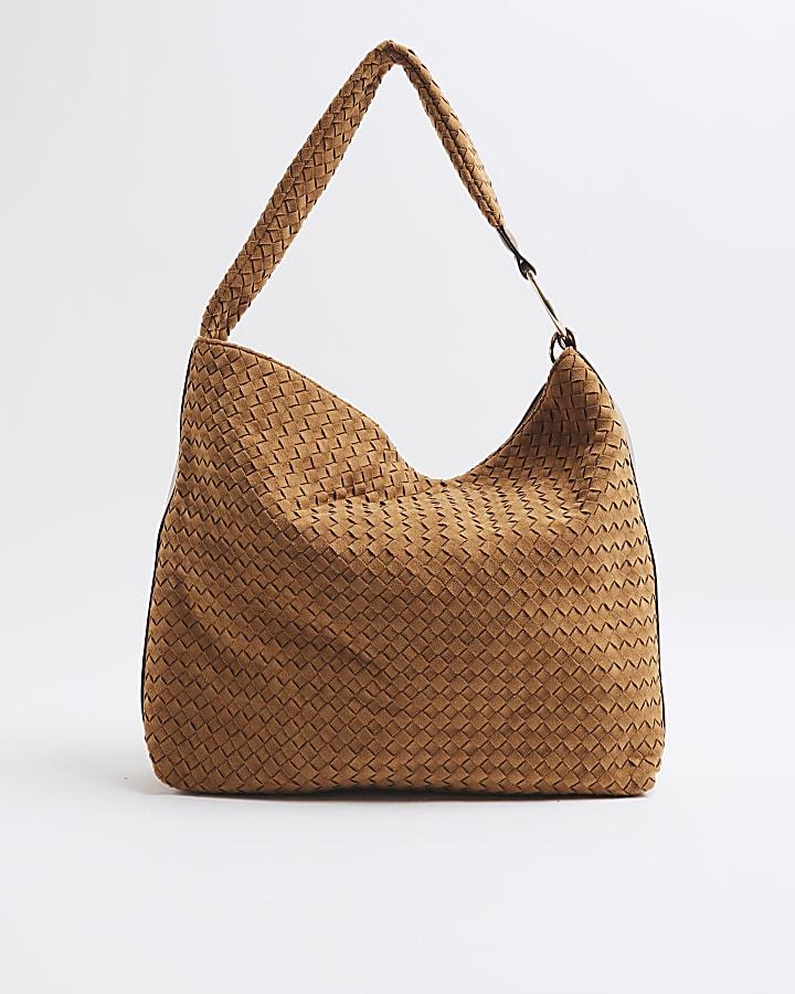 Brown Suedette Woven Shoulder Bag