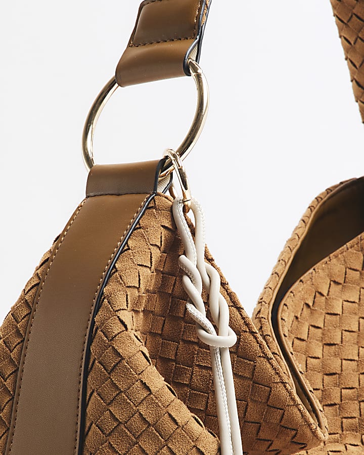 Brown Suedette Woven Shoulder Bag