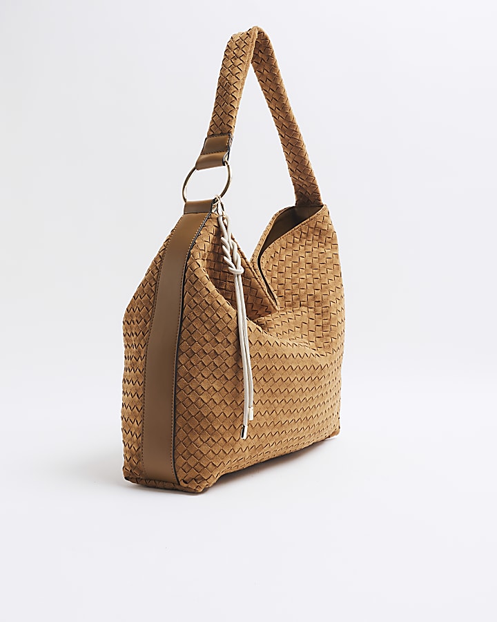 Brown Suedette Woven Shoulder Bag