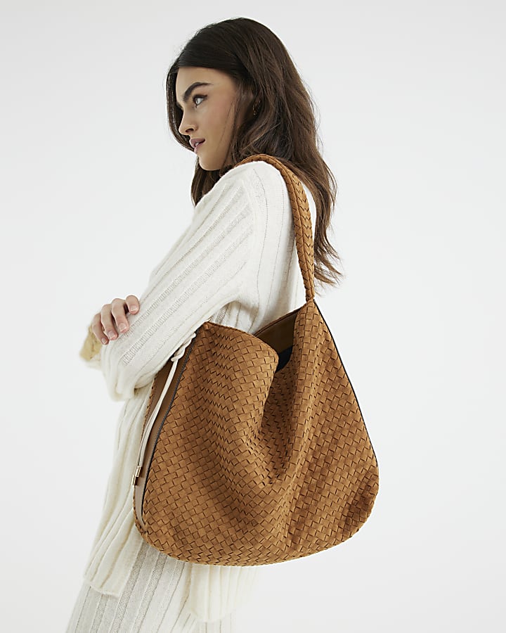 Brown Suedette Woven Shoulder Bag