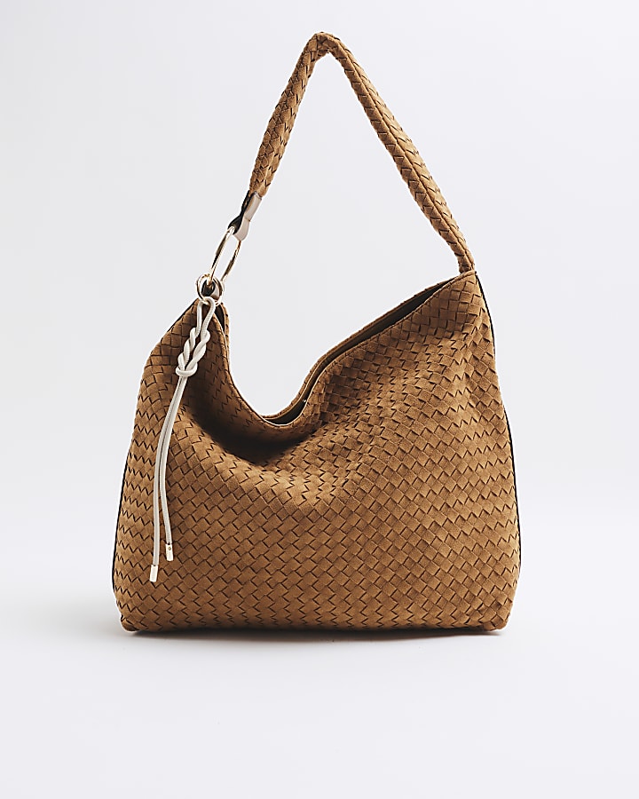 Brown Suedette Woven Shoulder Bag