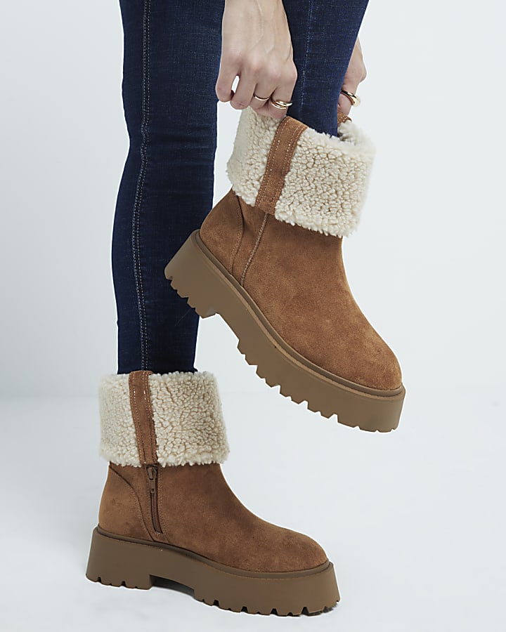 Brown Suedette Borg Cuff Chunky Boots