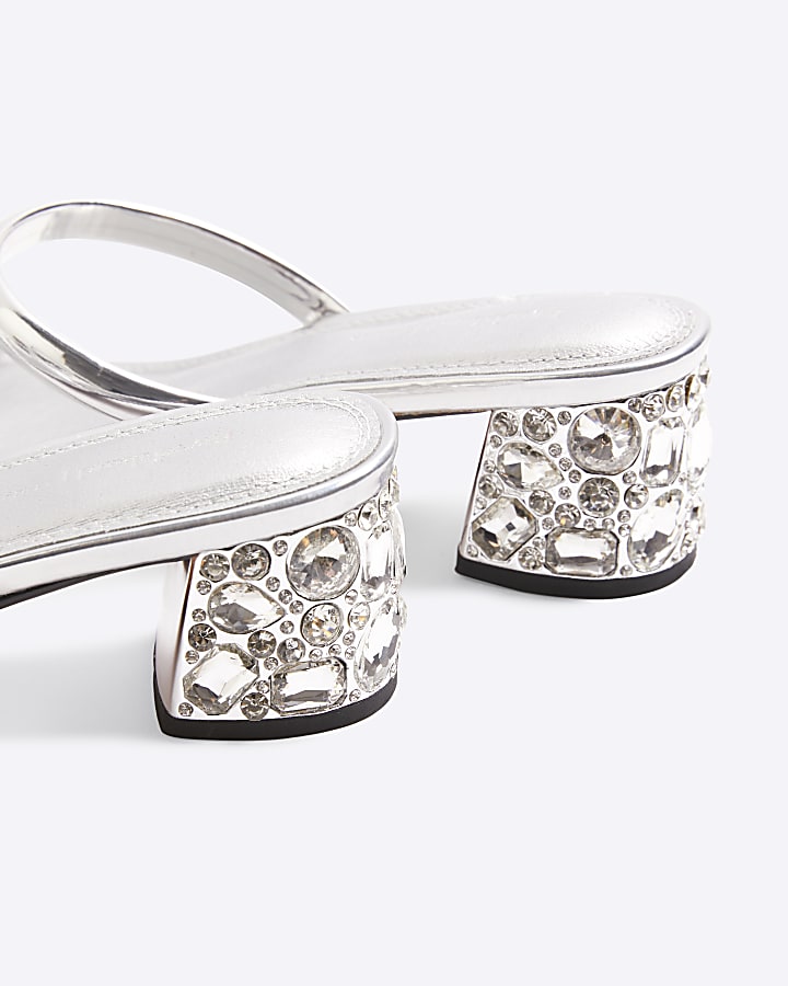 Silver Diamante Strappy Block Heeled Sandals