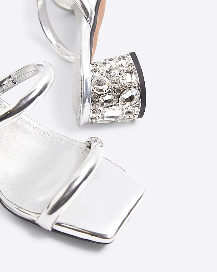 Silver Diamante Strappy Block Heeled Sandals