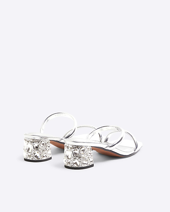 Silver Diamante Strappy Block Heeled Sandals