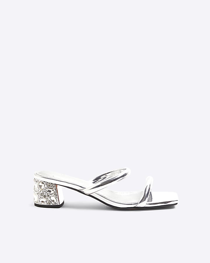 Silver Diamante Strappy Block Heeled Sandals