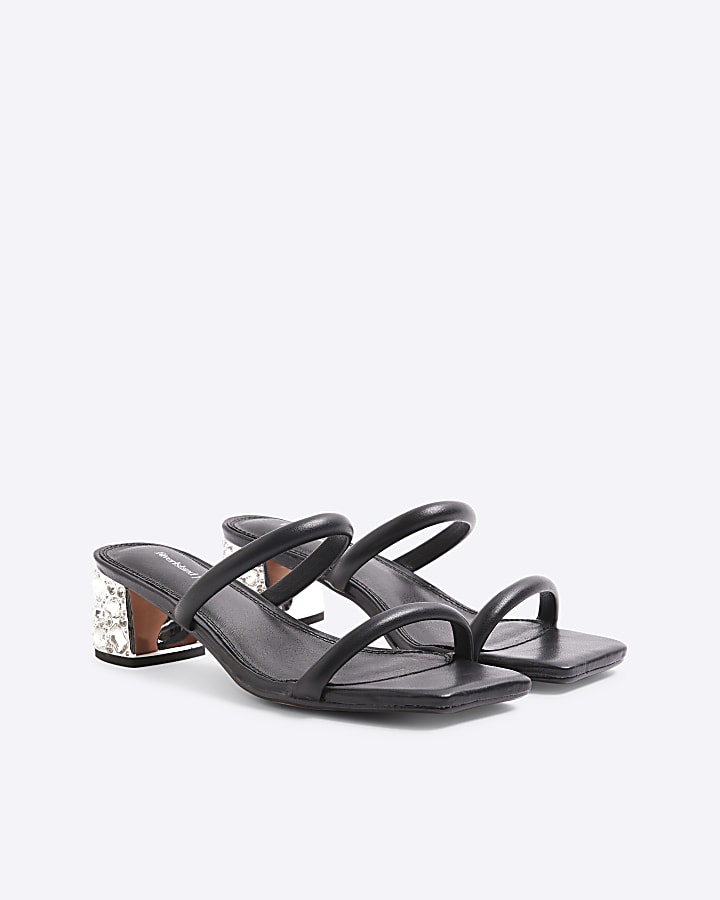 Black Diamante Strappy Block Heel Sandals