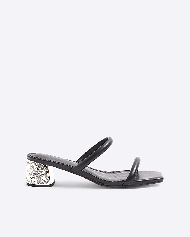 Black Diamante Strappy Block Heel Sandals