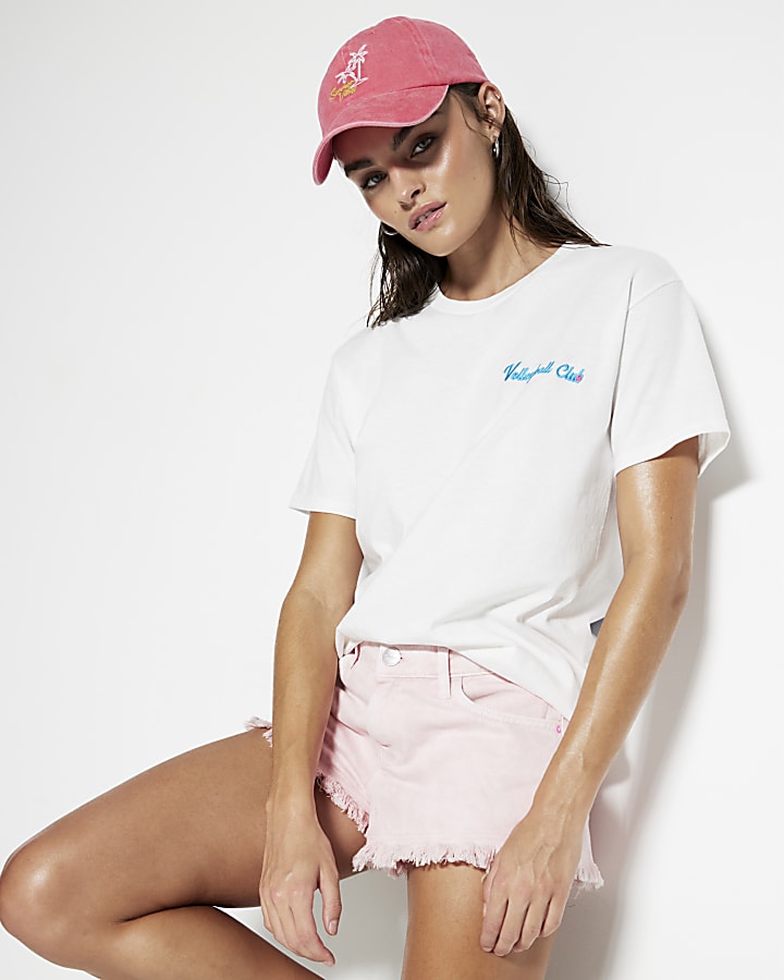 Pink Denim Frayed Hem Shorts