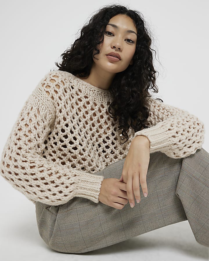 Cream Cable Knit Hole Jumper River Island