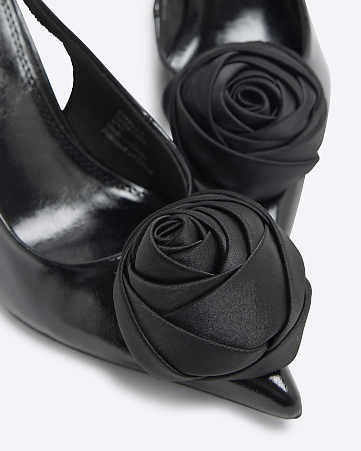 Black Corsage Heel Court Shoes