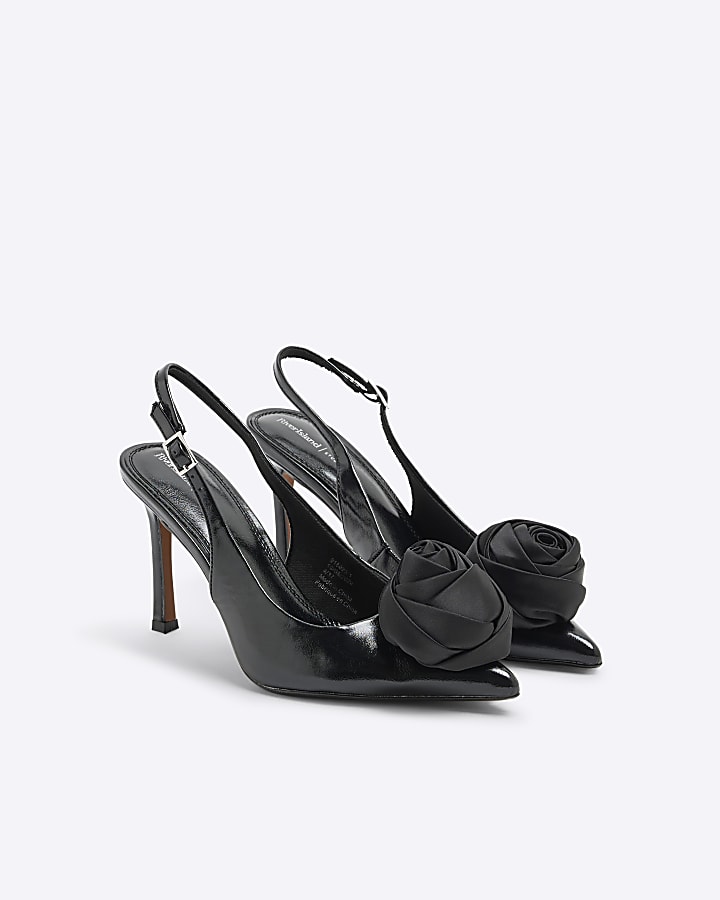 Black Corsage Heel Court Shoes