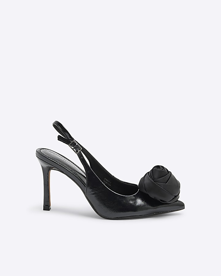 Black Corsage Heel Court Shoes