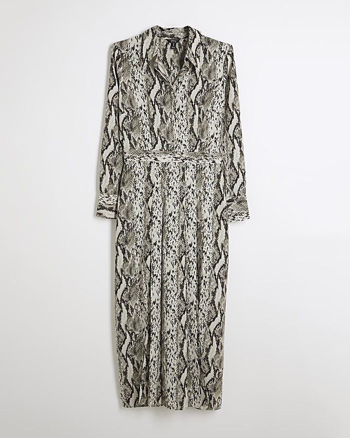 Grey Long Sleeve Snake Print Shirt Midi Dress