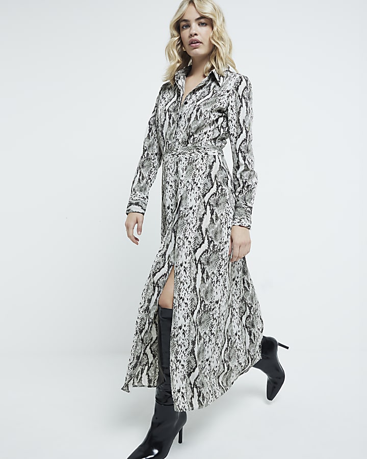 Grey Long Sleeve Snake Print Shirt Midi Dress