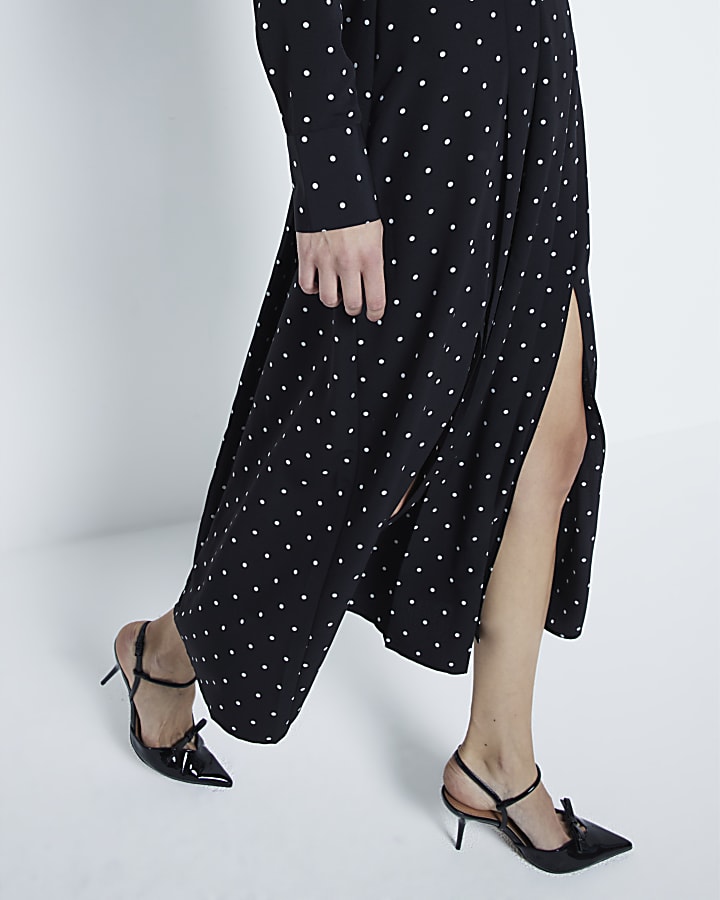 Black Long Sleeve Spotted Shirt Midi Dress