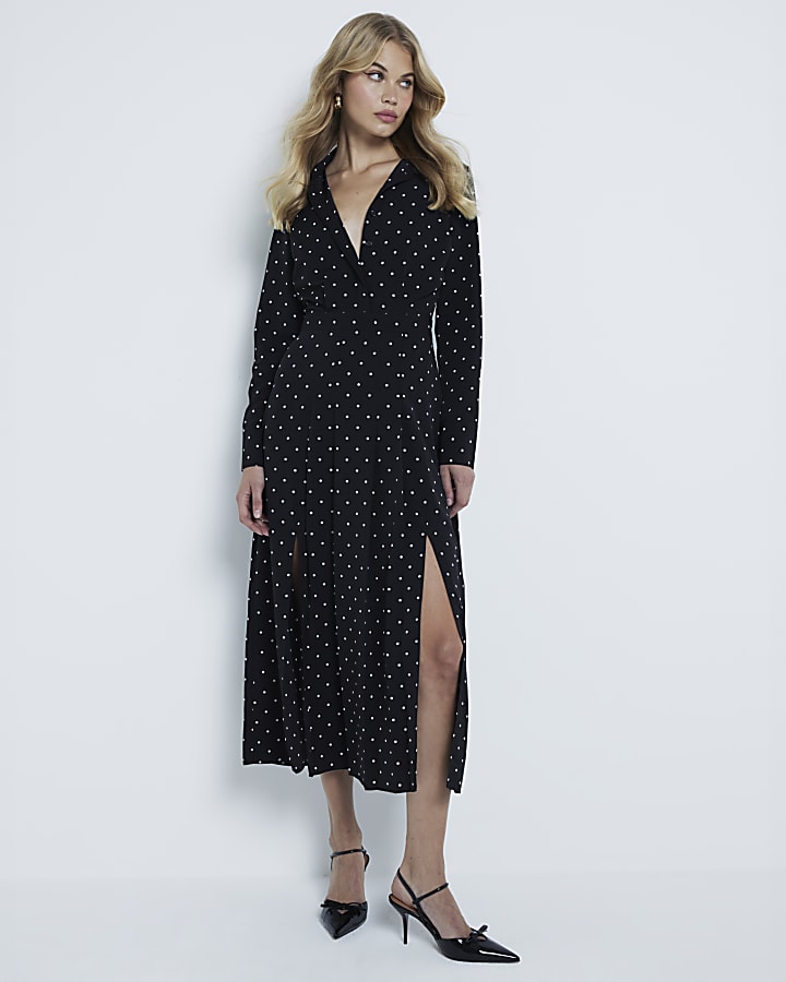 Black Long Sleeve Spotted Shirt Midi Dress