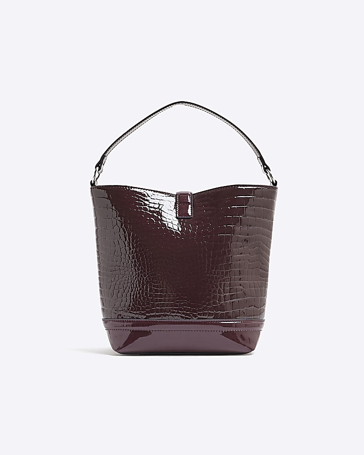 Red RI Lock Croc Embossed Bucket Bag