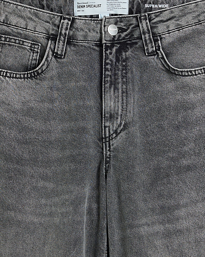 Grey Denim Mid Rise Wide Leg Jeans